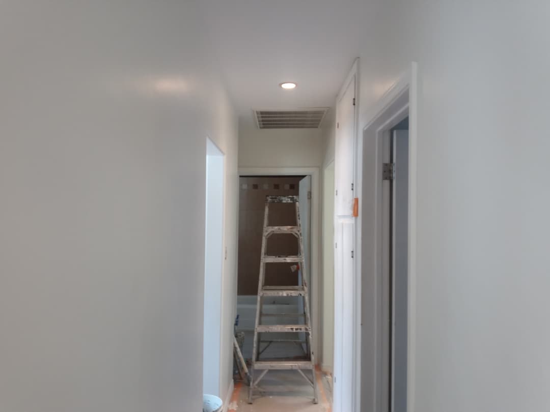Freshly painted white hallway with a ladder set up for interior wall painting